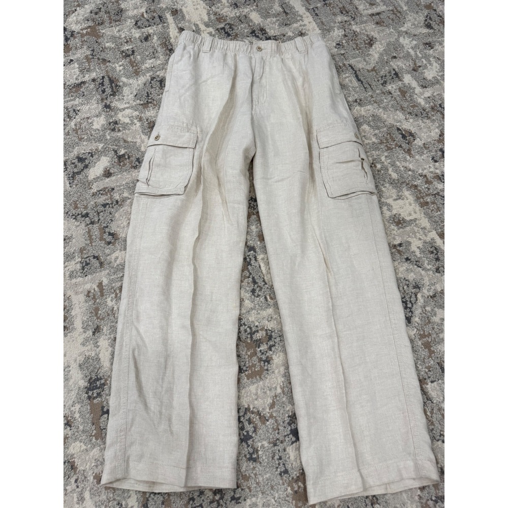 Caribbean Mens 100% Linen Cargo Pants Tan Beige 34x32 Straight Leg‎ Lightweight